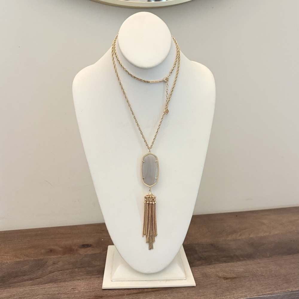 Kendra Scott Rayne Cats Eye Slate Grey Long Pendant Necklace Gold Tone 30-32"